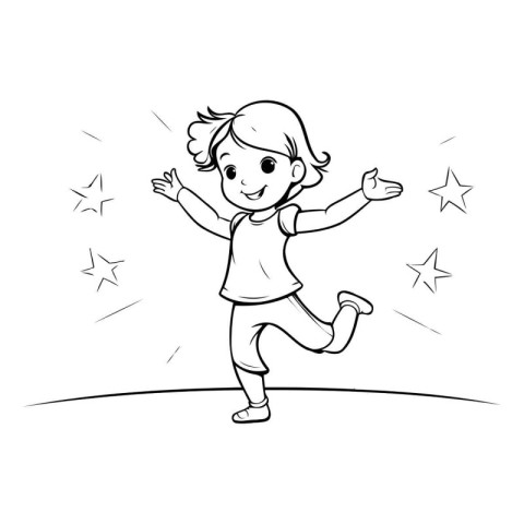 Cute little girl jumping and running. Hand drawn vector illustra