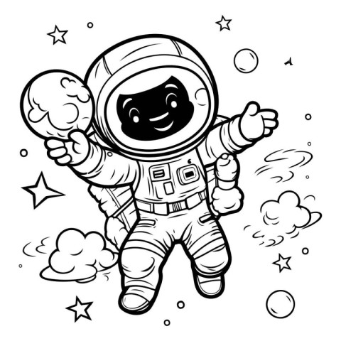 Cartoon astronaut in space. Vector illustration for coloring boo