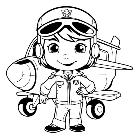 Black and White Cartoon Illustration of Cute Little Kid Pilot Ch