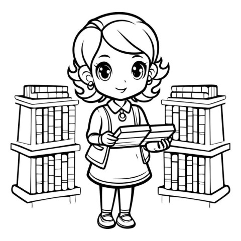 Coloring book for kids - Girl with books. Vector illustration.