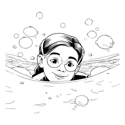 Cute cartoon boy swimming in the pool. Black and white vector il