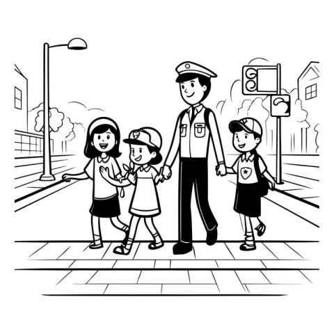 policeman with children in the city street vector illustration g