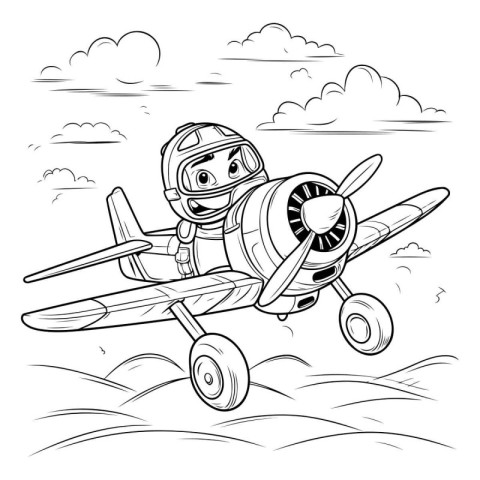 Cartoon illustration of a pilot with a propeller plane flying in