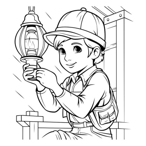 Illustration of a Kid Boy Hiking and Holding a Lantern - Colorin