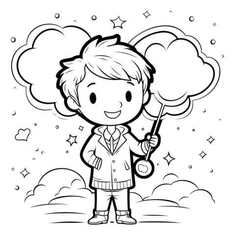 Black and white illustration of a boy holding a magic wand in th