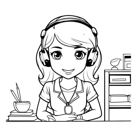 line call center operator with headset and laptop and coffee cup