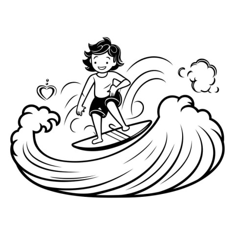 surfer girl on the surfboard black and white vector illustration