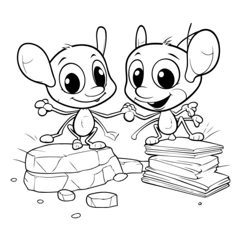 Black and White Cartoon Illustration of Cute Little Mouse Couple