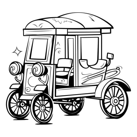 Tuk Tuk - Black and White Cartoon Illustration. Vector