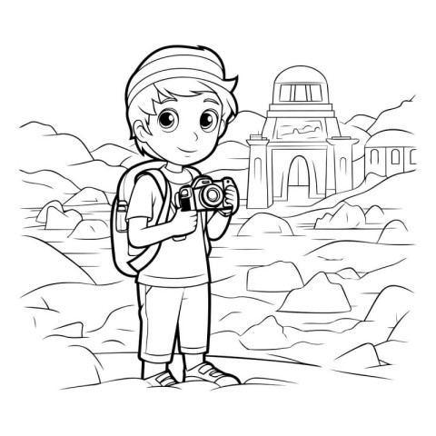 Coloring Page Outline Of a Boy Traveler with a Camera