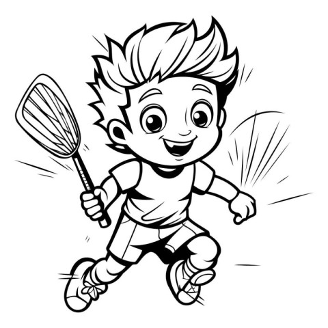 Boy playing badminton - Black and White Cartoon Illustration. Ve