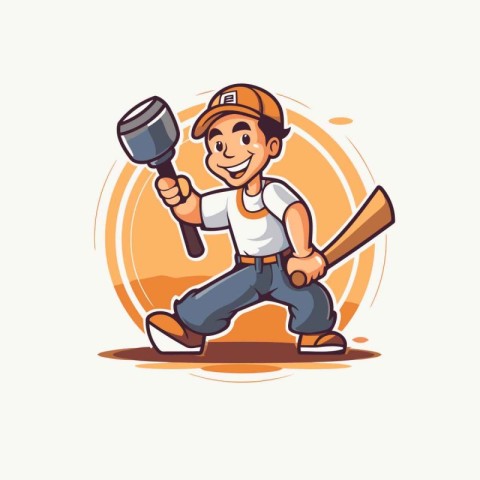 Cartoon baseball player with baseball bat and ball. Vector illus