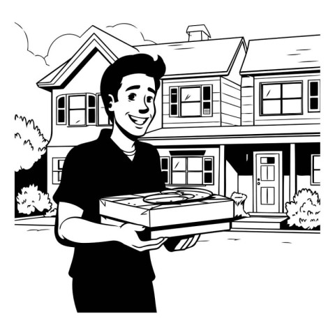 delivery man holding pizza box in front of house cartoon vector