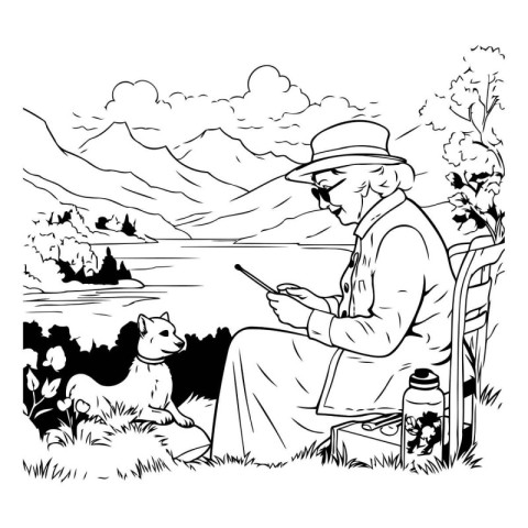 Illustration of a senior man sitting on a bench by the lake with