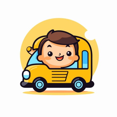 Cute little boy driving a yellow school bus. Vector illustration