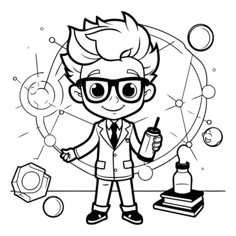 Black and White Cartoon Illustration of Kid Boy Astronaut or Sci