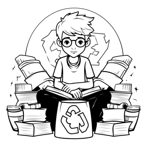 Boy reading a book. Black and white vector illustration for colo