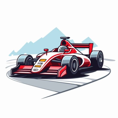 illustration of a racing car on a track with mountains in the ba