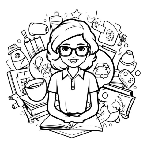 Coloring book for children: girl with a book. Vector illustratio