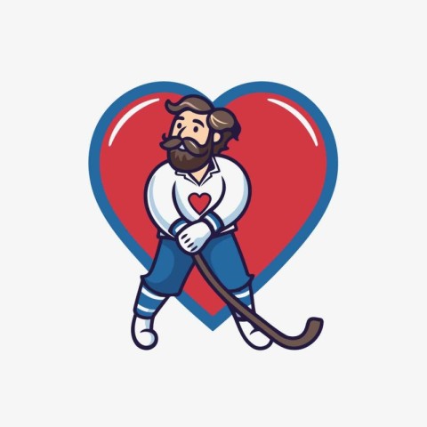 Ice hockey player with a stick and a red heart. Vector illustrat