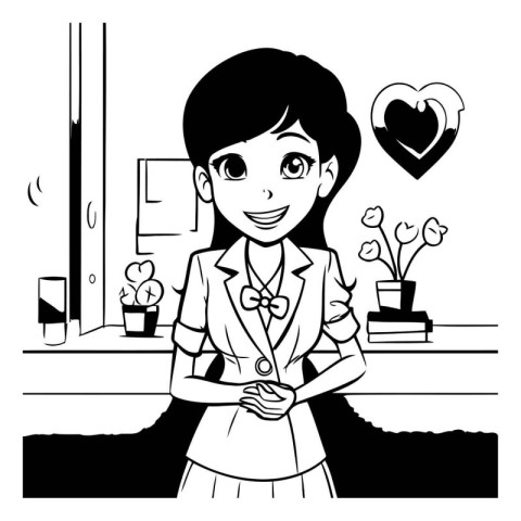 Businesswoman cartoon in the office. Black and white vector illu