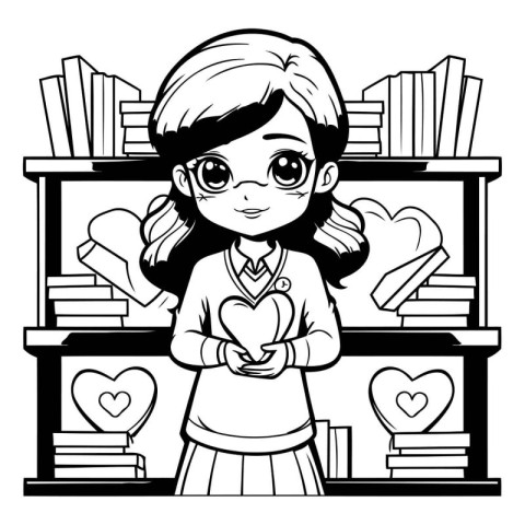 Girl with heart on bookshelf black and white vector illustration