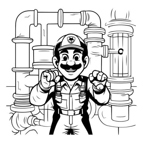 Fireman in Black and White Cartoon Style. Vector Illustration.