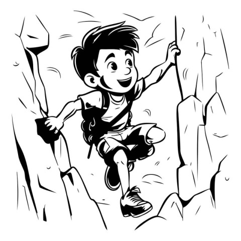 Kid climbing a cliff. Black and white vector illustration for yo