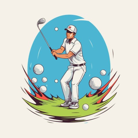 Golf player hits the ball on the green grass. Vector illustratio