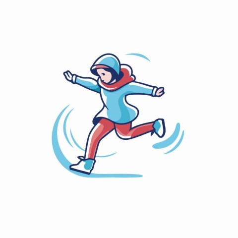 Winter sport - running woman in blue sportswear. Cartoon vector