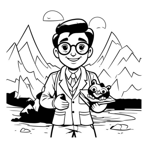 Black and White Cartoon Illustration of Man Holding a Fish in hi