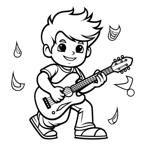 Black and White Cartoon Illustration of Cute Little Boy Playing