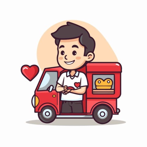 Cute boy driving a car with food truck. Vector illustration.