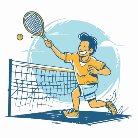 Tennis player on the court. Vector illustration in cartoon style