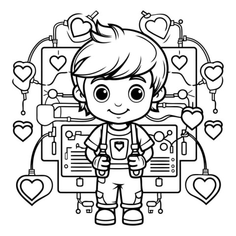 Black and White Cartoon Illustration of a Kid Boy or Kid with He