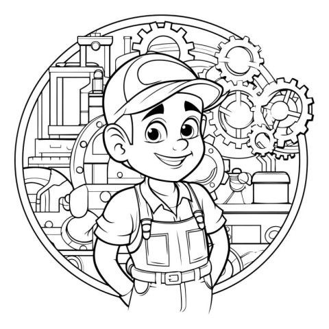 Black and White Cartoon Illustration of Cog Wheel Worker Charact