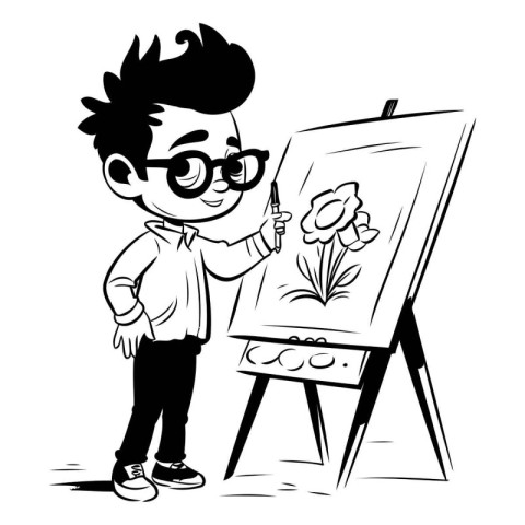 cute little boy drawing a flower on easel. vector illustration