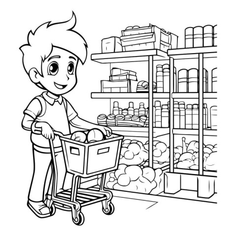 Black and White Cartoon Illustration of Kid Boy Shopping at the