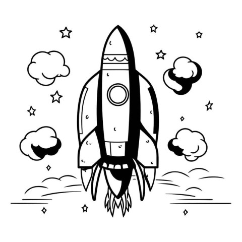 Space rocket in the sky. Black and white vector illustration for