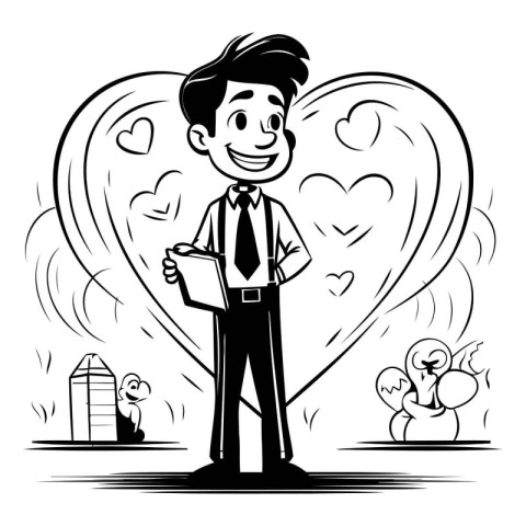 Vector illustration of a man in love holding a clipboard. Valent