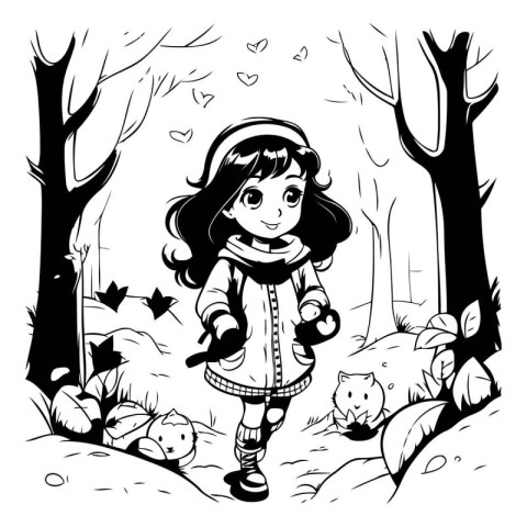 Cute little girl walking in the forest. Black and white vector i