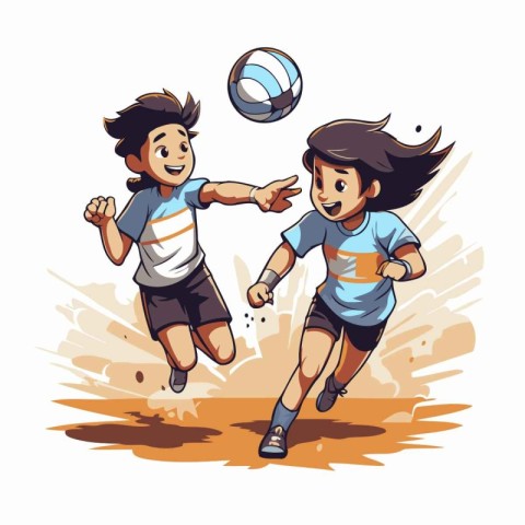 Illustration of a boy and a girl playing volleyball on a grunge