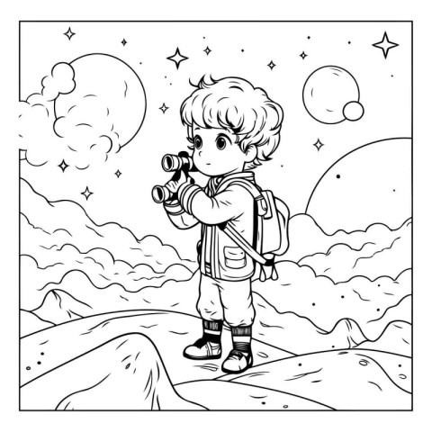 Boy with binoculars on the mountain. Coloring book for kids