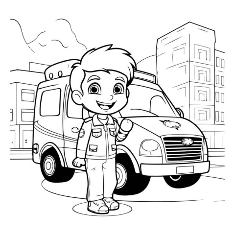 Black and White Cartoon Illustration of Kid Boy Scout or Element