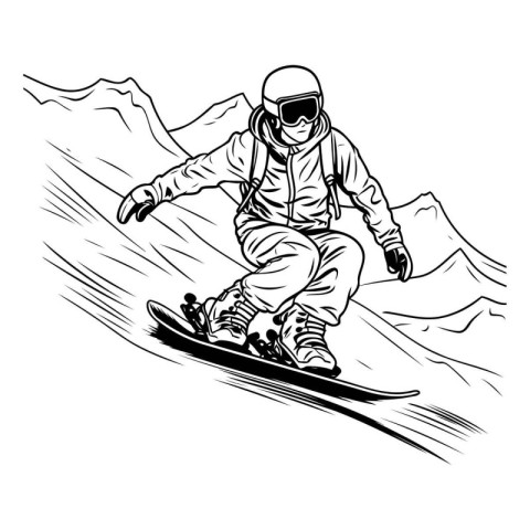 Snowboarder jumping in mountains. Black and white vector illustr