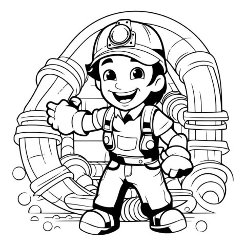 Black and White Cartoon Illustration of Cute Little Boy in Firem