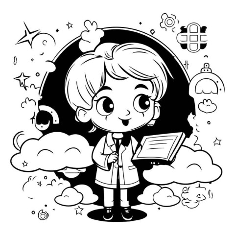 Black and White Cartoon Illustration of Kid Boy Reading a Book i