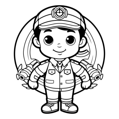 Black and White Cartoon Illustration of Cute Little Boy Captain