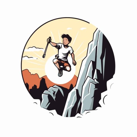 Climber on a mountain peak. Vector illustration in retro style.