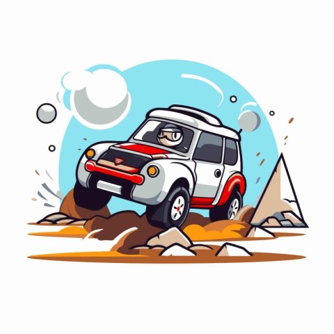 Illustration of a cartoon off road car on the road. Vector illus